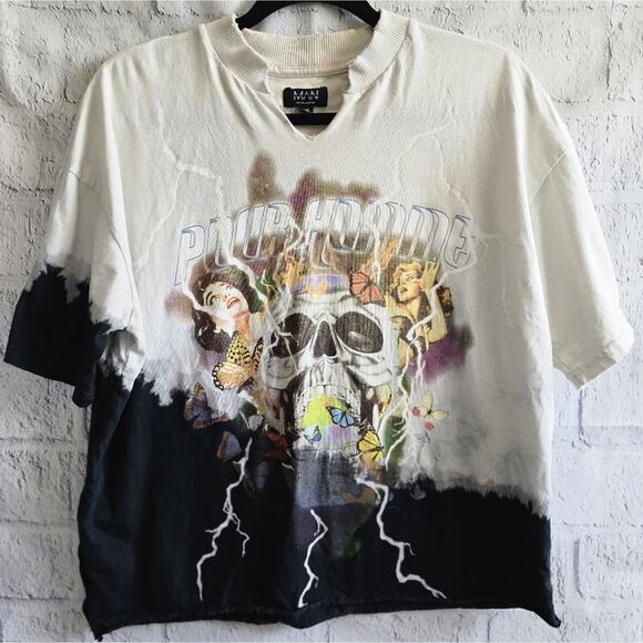BoohooMAN REWORKED Homme Skull Graphic Bleached Shirt Black And White Men's XS - Picture 2 of 12